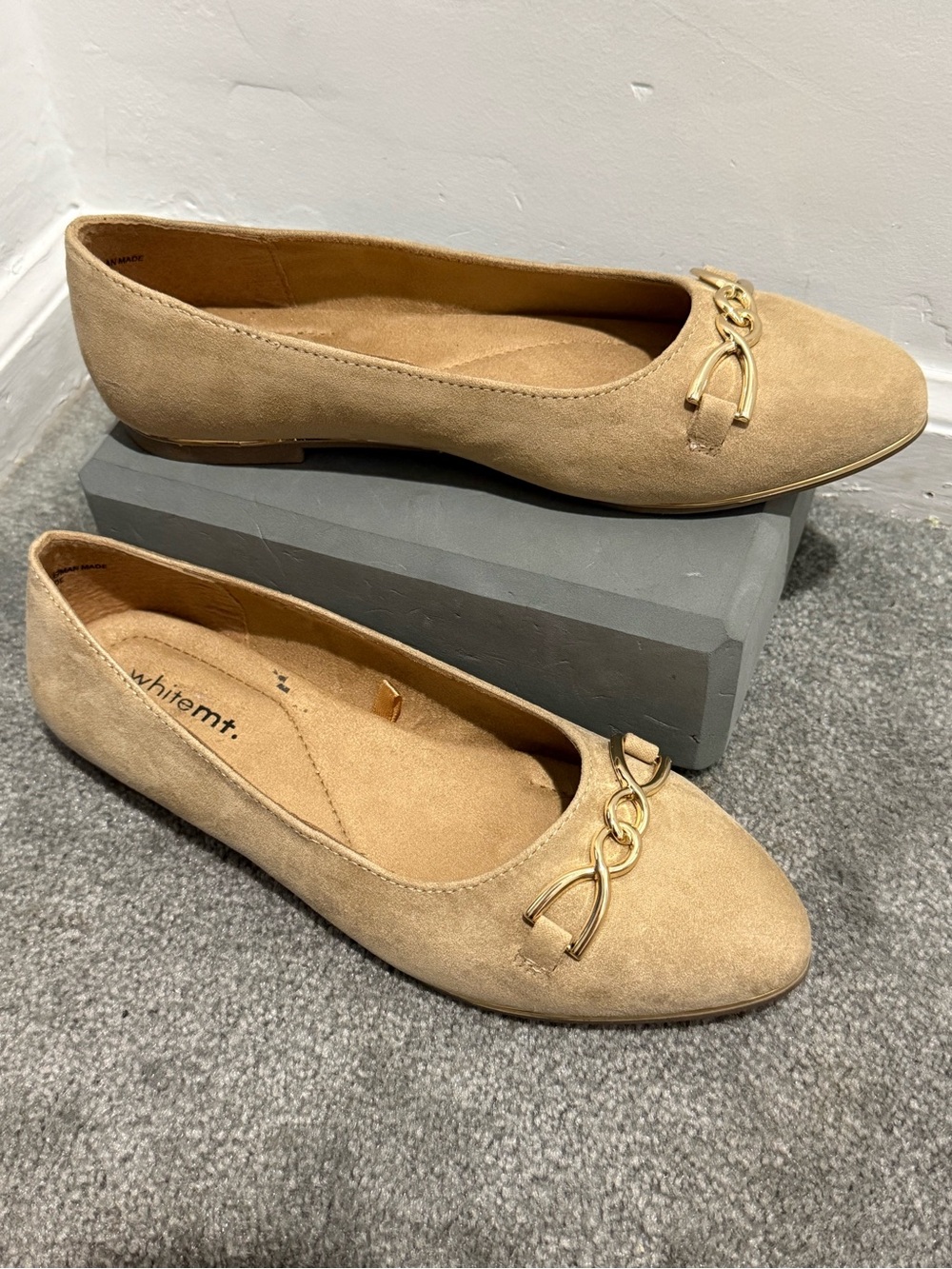 White Mountain Suede Ballet Flats with Gold Chain Accent beige/tan
